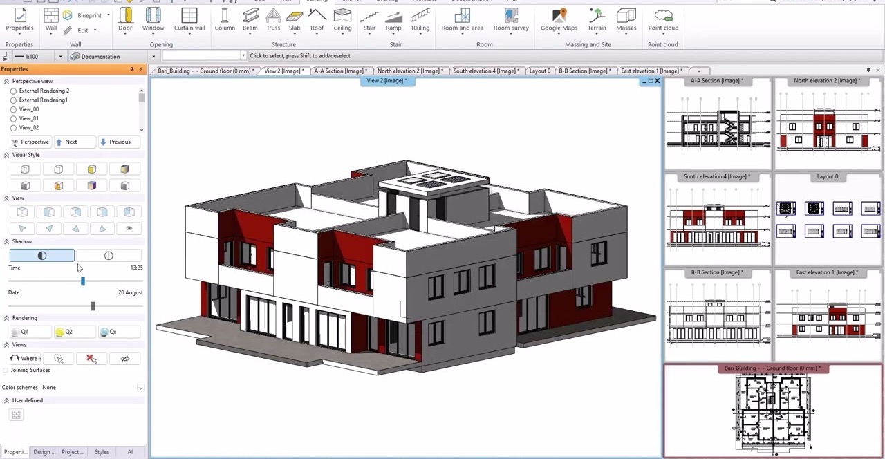 Interface do GstarBIM exibindo modelo 3D de edifício, elevações e planta baixa