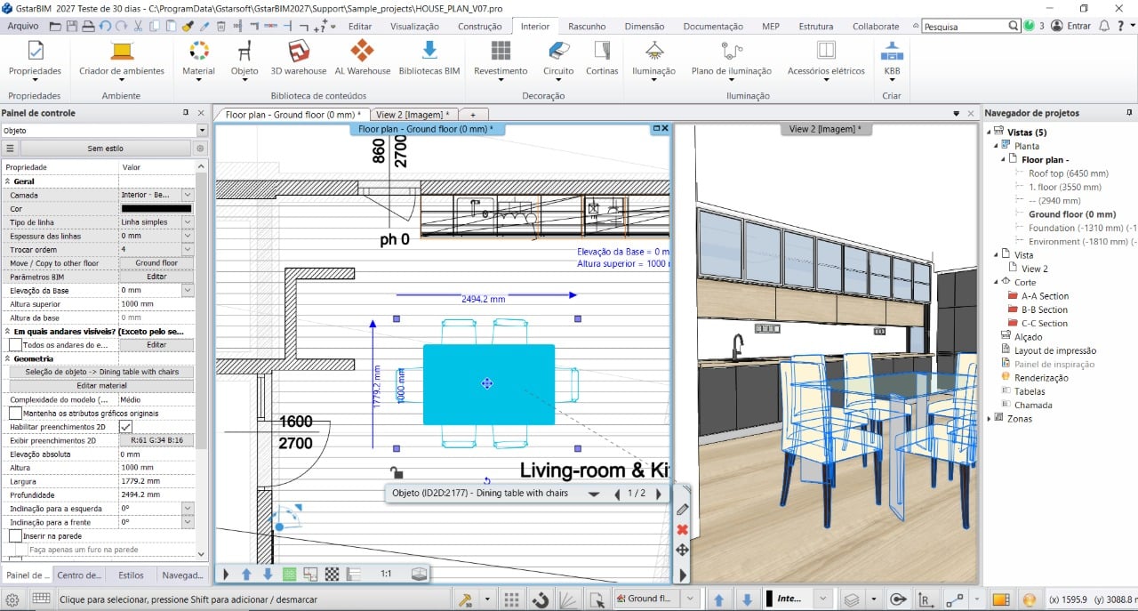 Interior design software showing floor plan layout with living room and kitchen design alongside 3D rendered visualization of the space