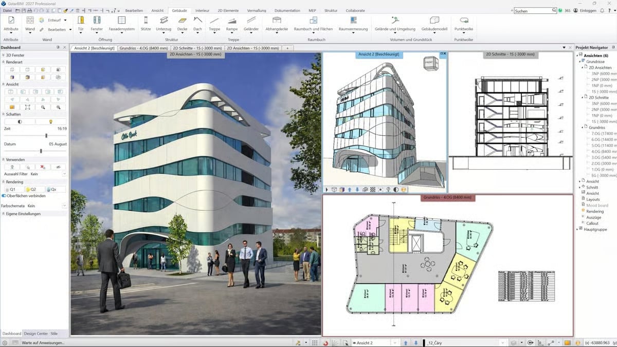 Architectural design software showing modern curved building rendering with floor plans and elevation drawings on right panel