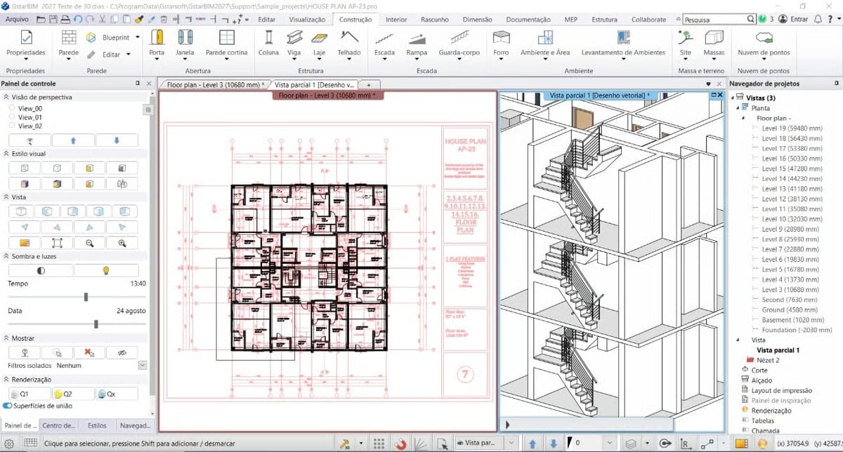 Architectural software showing floor plan layout and 3D isometric building section with detailed technical drawings