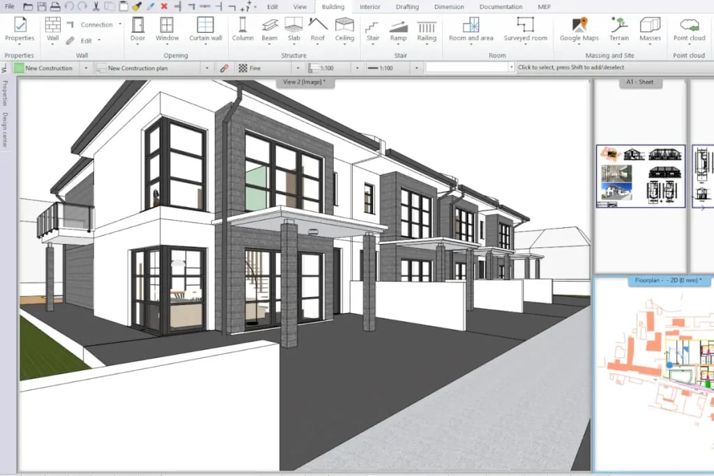 3D architectural rendering of a modern two-story residential home with black and white exterior in design software