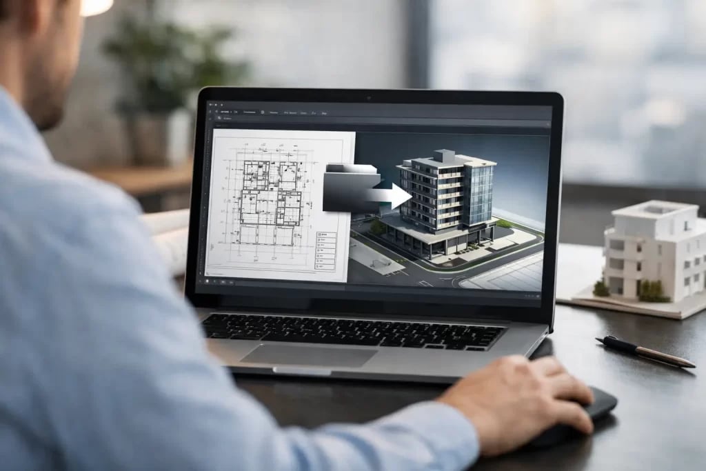 Architect viewing 3D building model and floor plans on laptop at desk with architectural models nearby